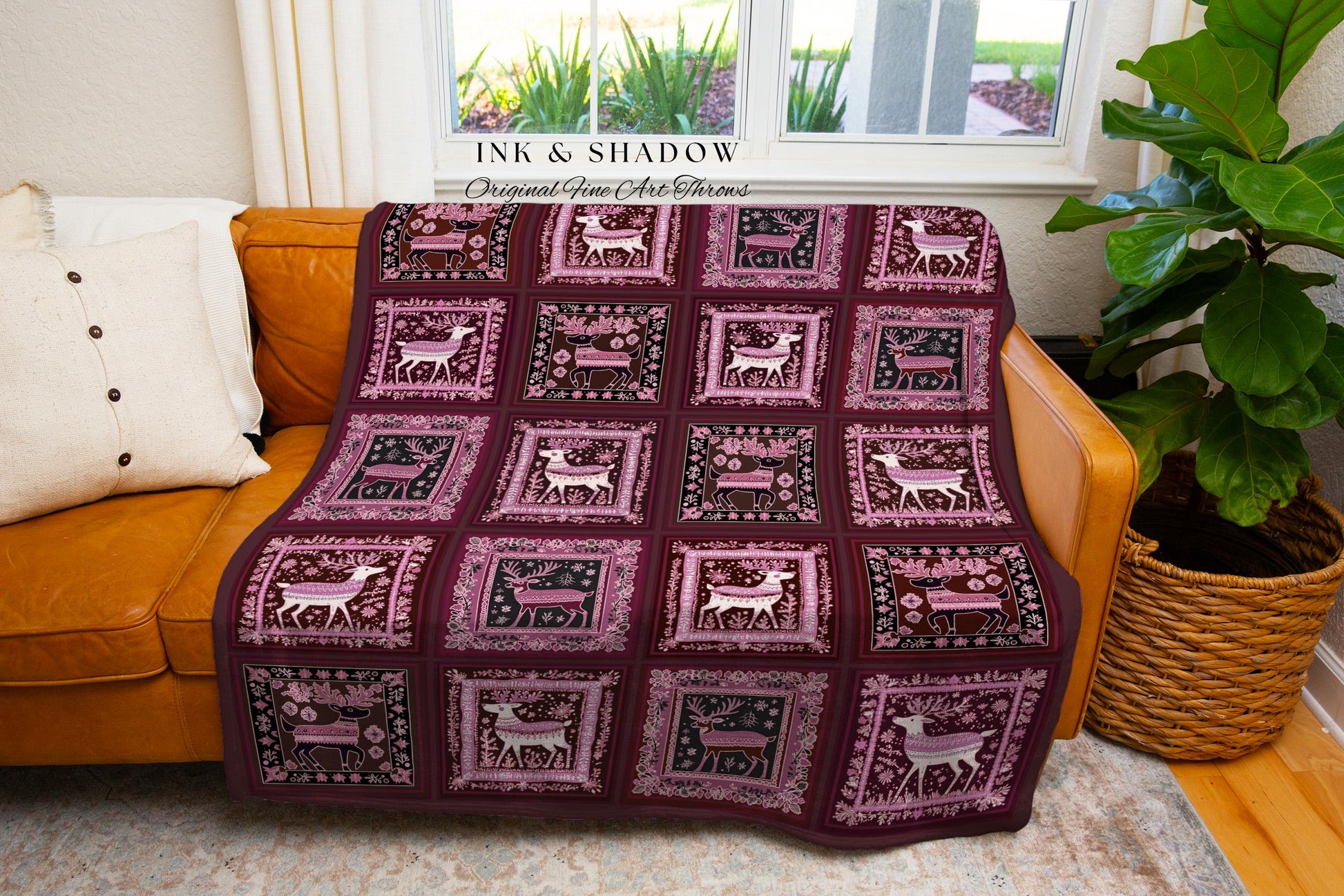 Winter Woodland Whimsigothic Retro Reindeer Holiday Blanket Burgundy Pink Christmas Checker Tapestry Throw Festive Patchwork Folk Art Decor