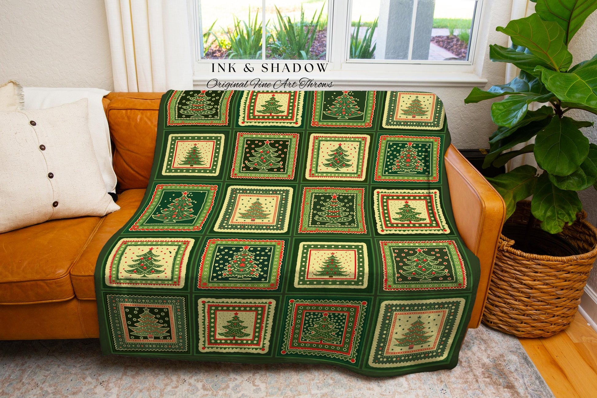 Nostalgic Retro Forest Green Checkered Christmas Tree Folk Art Blanket | Vintage Cottagecore Festive Tapestry Throw Winter Farmhouse Accent