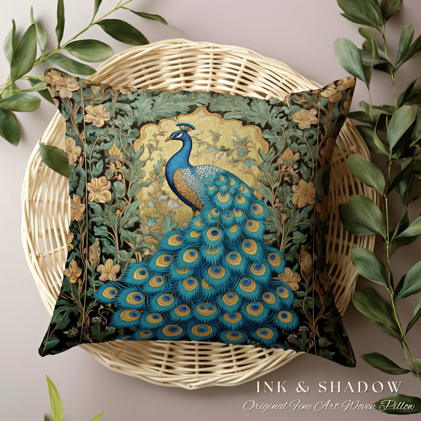 Ethereal Floral Peacock Pillow Whimsical Art Nouveau Vintage Aesthetic Decor, Enchanted Botanical Ornate Tapestry Cushion Cottagecore Accent