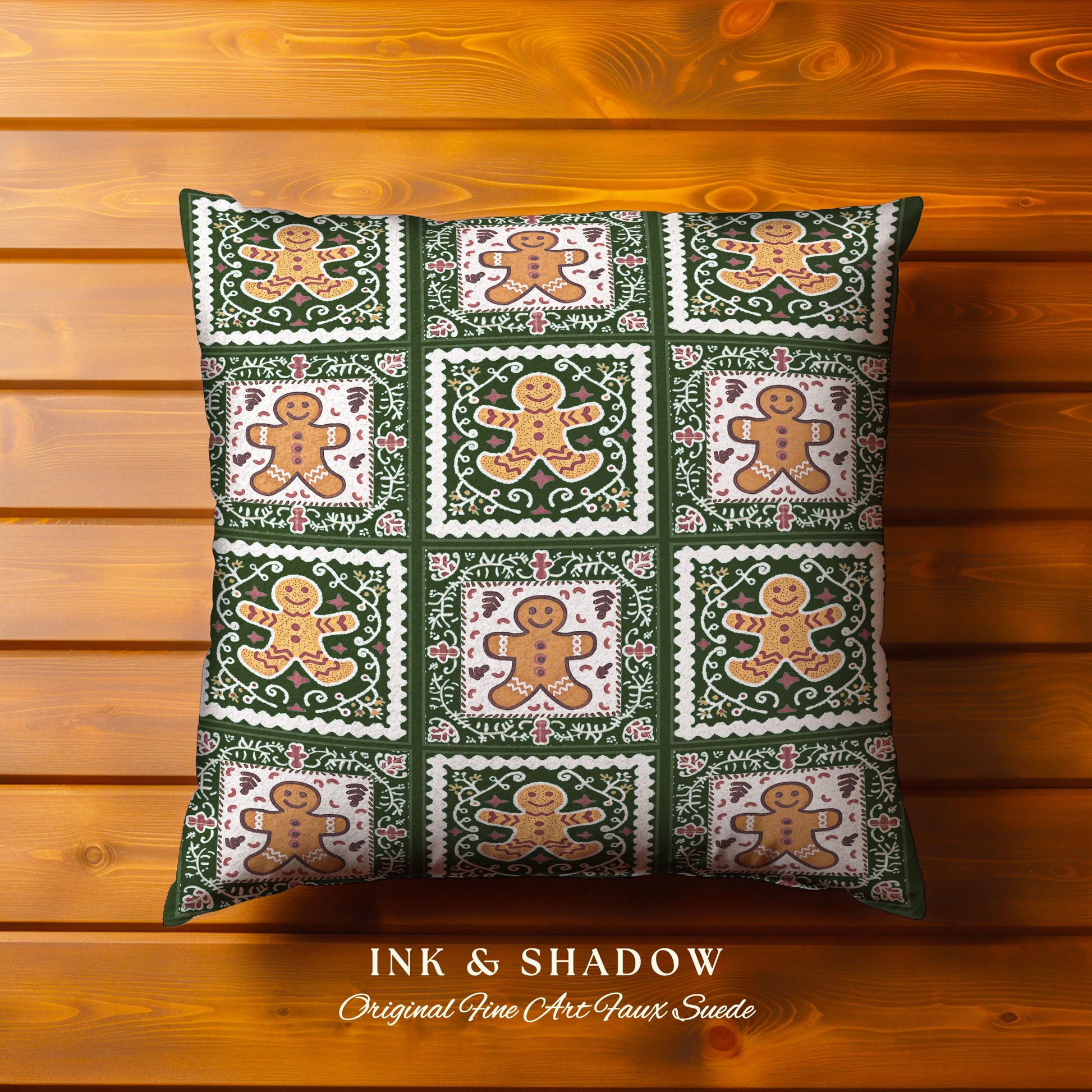 Rustic Farmhouse Patchwork Gingerbread Festive Folk Art Tapestry Pillow | Vintage Forest Green Checker Cushion Cozy Christmas Cottage Gift