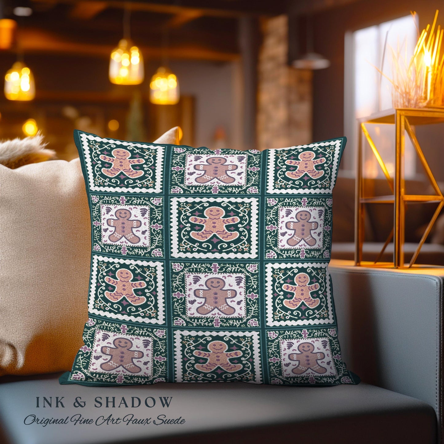 Rustic Bohemian Gingerbread Pillow Farmhouse Cottagecore Holiday Decor | Vintage Patchwork Cozy Christmas Tapestry Cushion Festive Folk Art