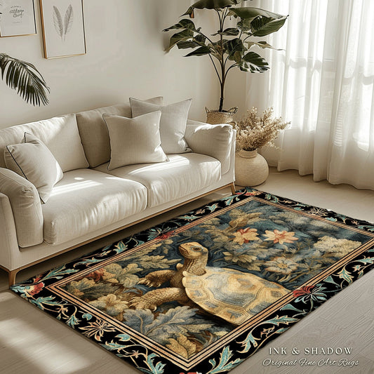 Ornate Floral Bedroom Rug | Tortoise Decor William Morris Style Cottagecore Reading Corner Dark Fairycore Room Mystical Woodland Aesthetic