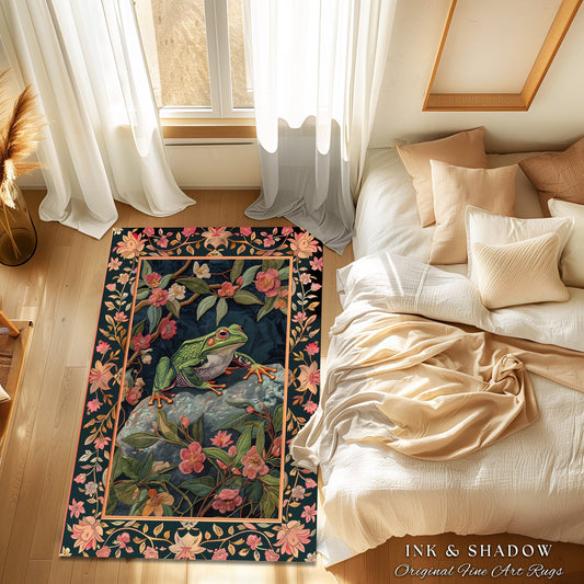 Tree Frog Eclectic Floral Rug | Goblincore Aesthetic Living Room Home Decor Frog Lover Gift Cottagecore Multi-Color Bedroom Floor Mat |