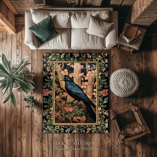 Crowcore Area Rug | Woodland Gothic Room Decor William Morris Inspired Cottagecore Aesthetic Dark Fairycore Bedroom Black Crow Raven