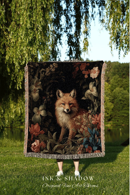 Fox Cottagecore Blanket Gothic | Woodland Folk Art Blanket Woven Tapestry William Morris Art Woodland Goth Decor Dark Cottagecore Aesthetic