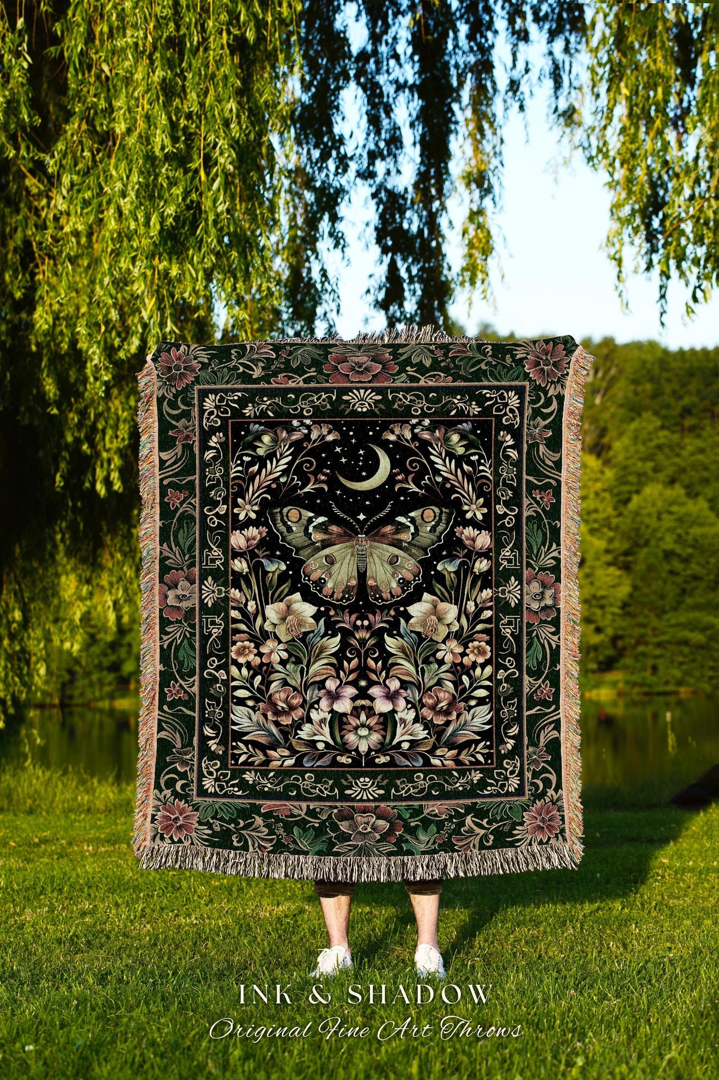 Boho Botanical Moth Tapestry Woven Floral Grunge Fairycore Room Decor | Gothic Moon Moth Butterfly Forestcore Decor Dark Cottagecore Blanket