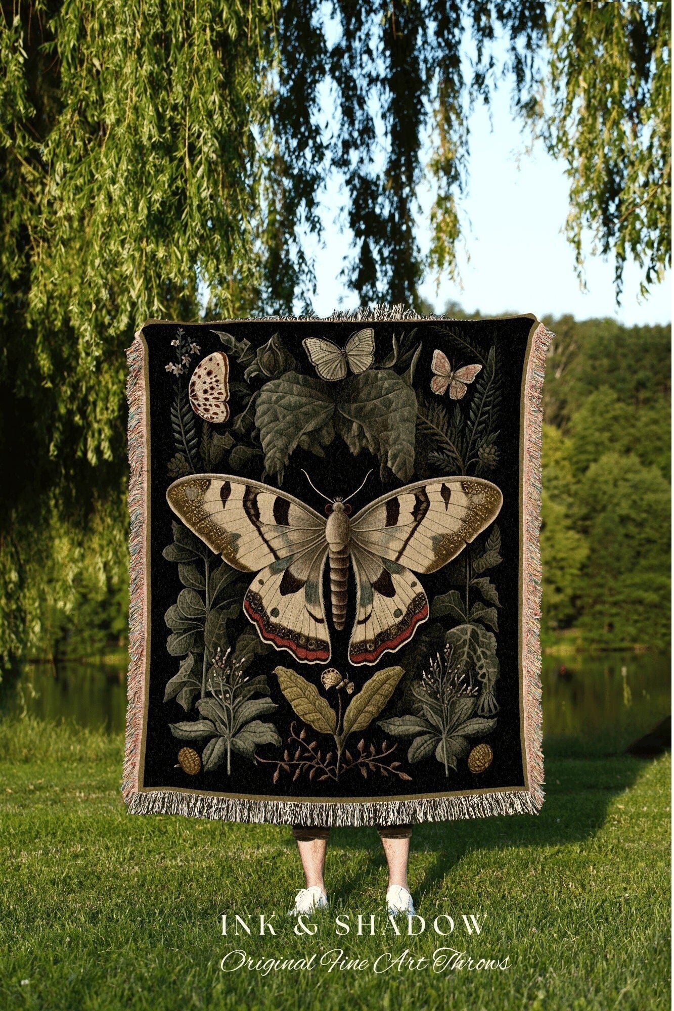 Gothic Moth Tapestry Woven | Witchy Aesthetic Room Decor Gothic Art Crowcore Room Decor Dark Cottagecore Art Butterfly Moth Blanket Woven |