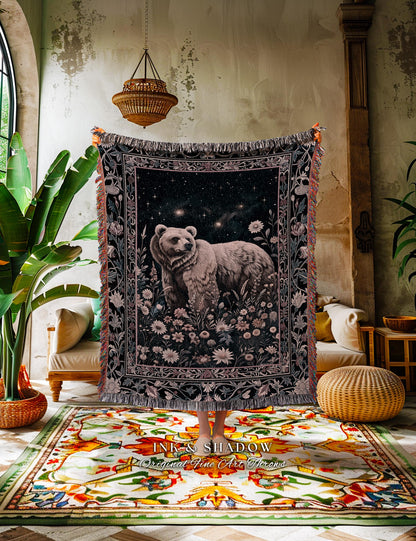 Midnight Florals Woodland Bear Blanket | Enchanted Starry Night Amethyst Purple Wildflowers Forestcore Boho Dark Witchy Wildlife Artwork |