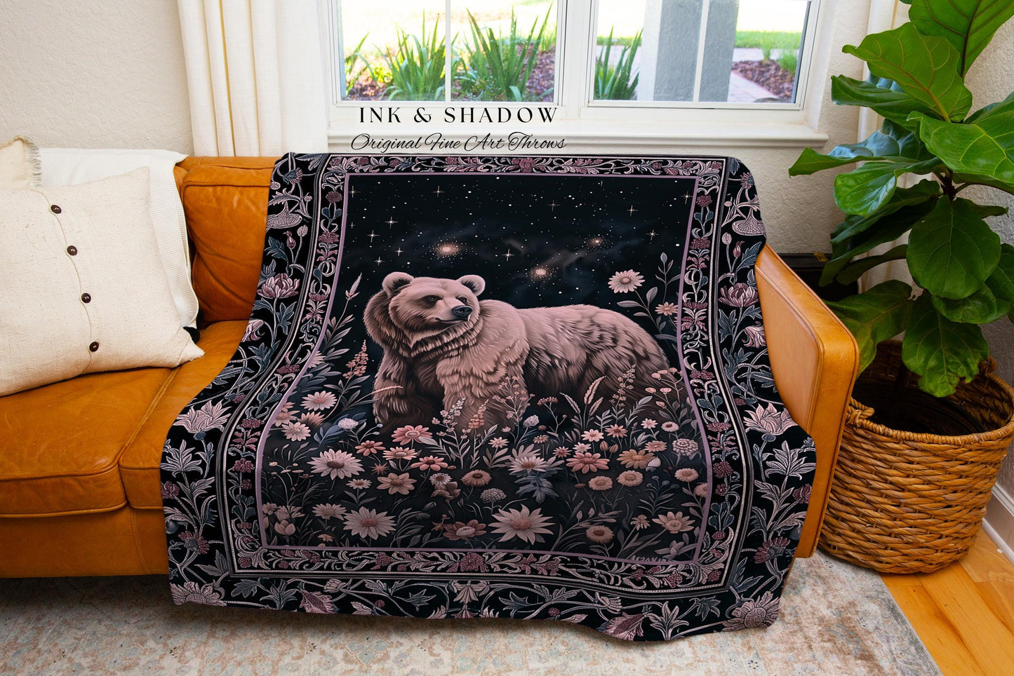 Midnight Florals Woodland Bear Blanket | Enchanted Starry Night Amethyst Purple Wildflowers Forestcore Boho Dark Witchy Wildlife Artwork |