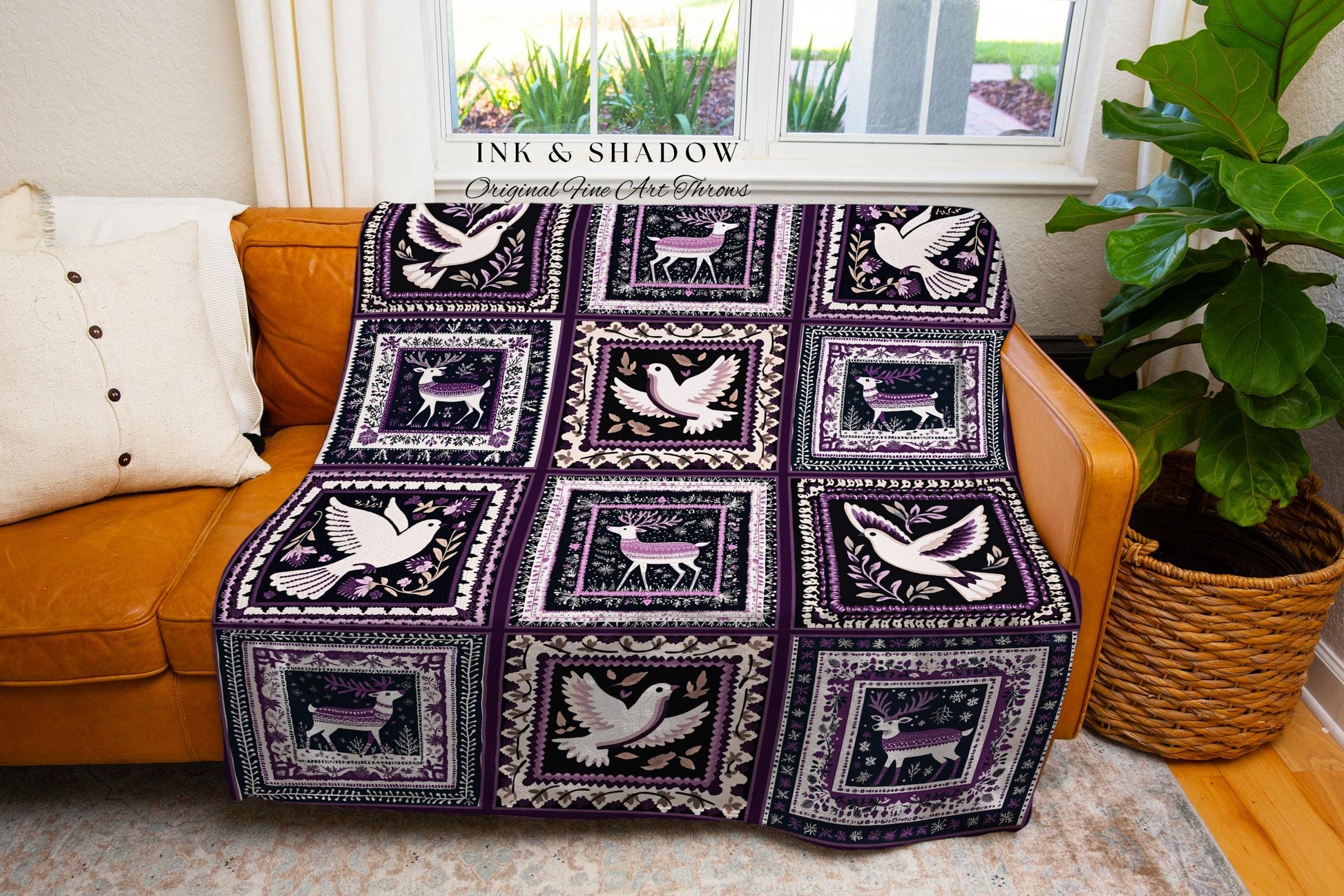 Winter Wonderland Woodland Whimsy Wildlife Blanket Fairycore Gothic Purple Patchwork Tapestry Throw Reindeer & Dove Festive Folk Art Decor