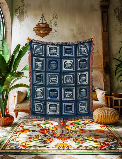 Deep Ocean Blue Woven Throw Blanket | Costal Aesthetic Navy Home Decor for Beach House Boho Sea Life Tapestry Folklore Underwater Oddities |