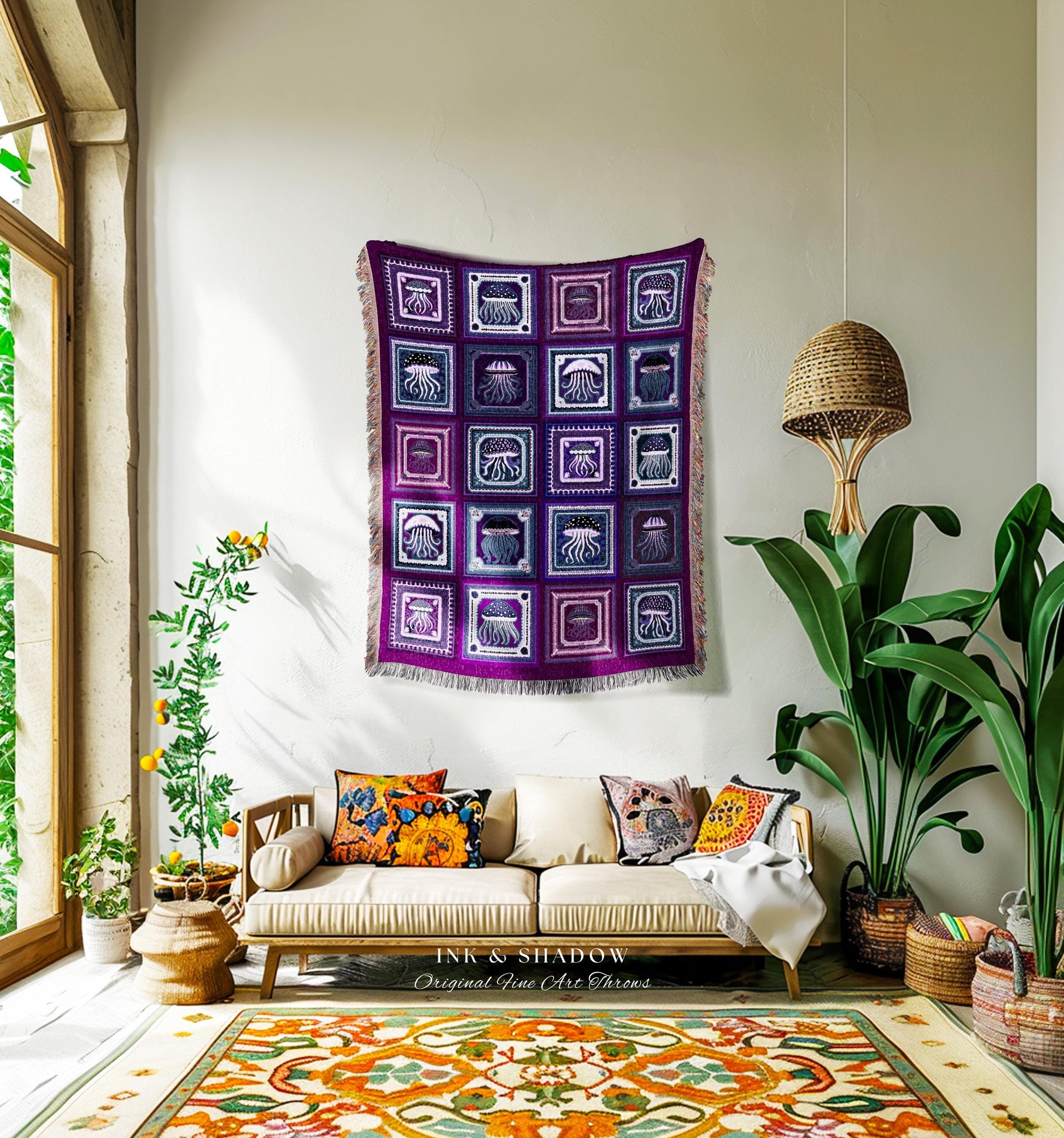 Tyrian Purple Jellyfish Woven Coverlet | Boho Marine Life Whimsical Bohemian Costal Woven Fringe Blanket Folklore Underwater Ocean Tapestry