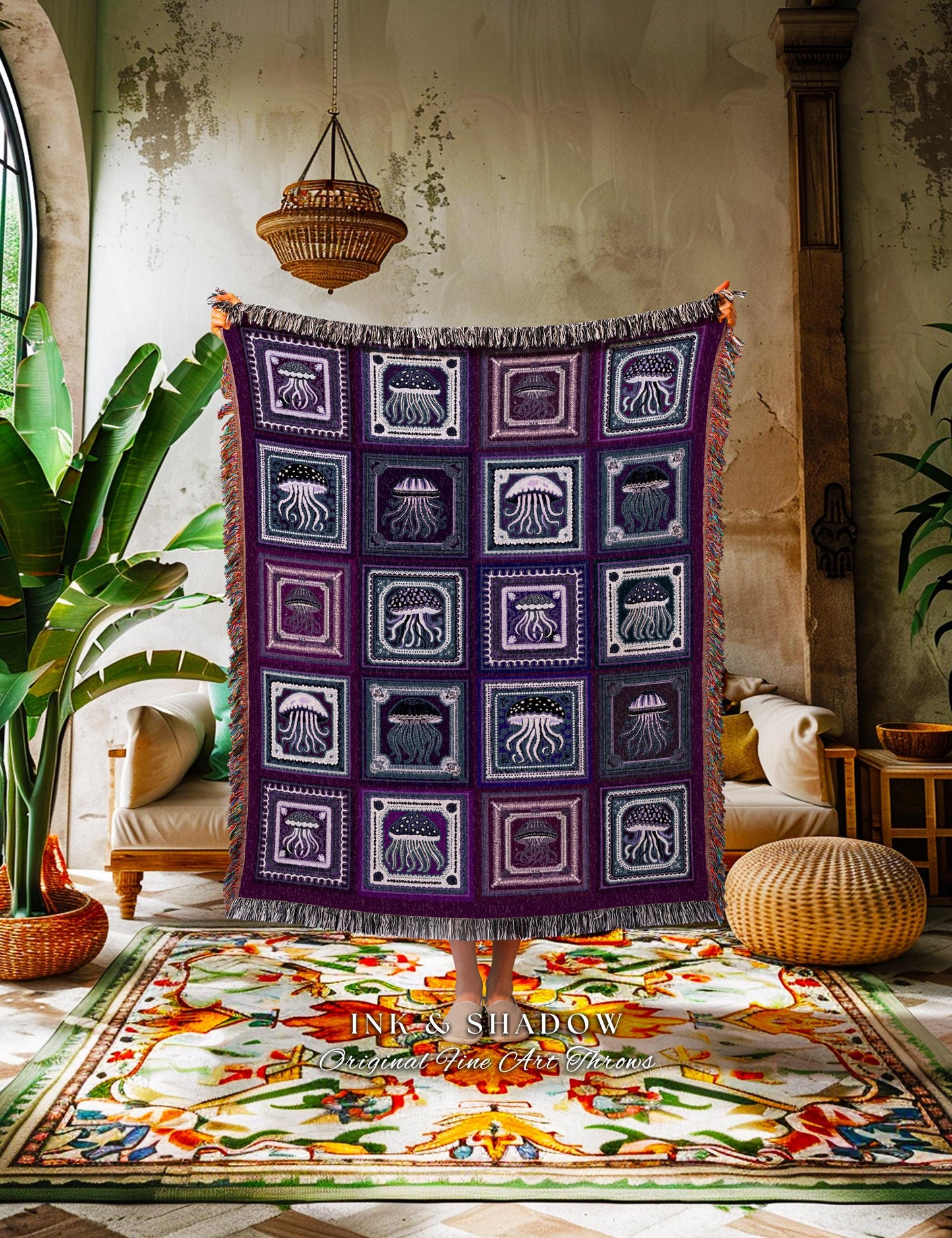 Tyrian Purple Jellyfish Woven Coverlet | Boho Marine Life Whimsical Bohemian Costal Woven Fringe Blanket Folklore Underwater Ocean Tapestry