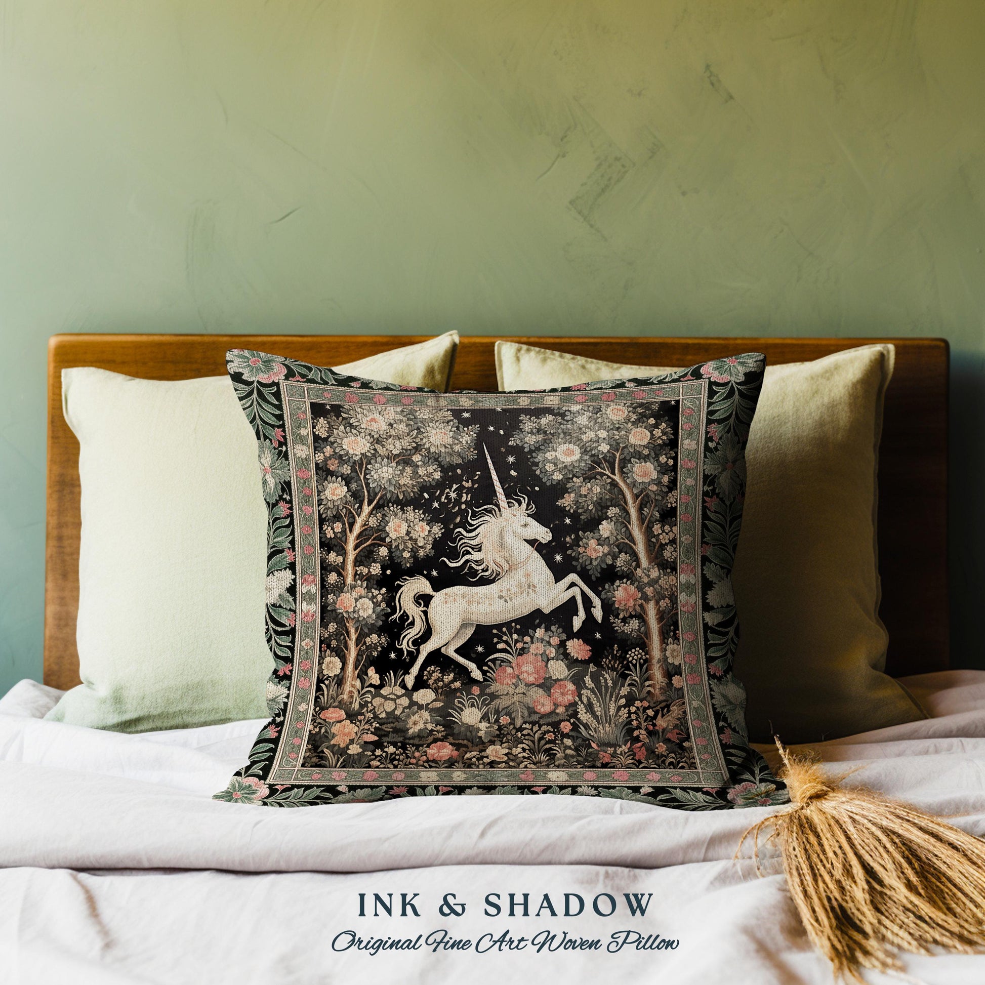 Mystical Folklore Unicorn Pillow Whimsical Soft Cottagecore Floral Decor | Woodland Fairycore Tapestry Cushion Magical Forestcore Art Accent