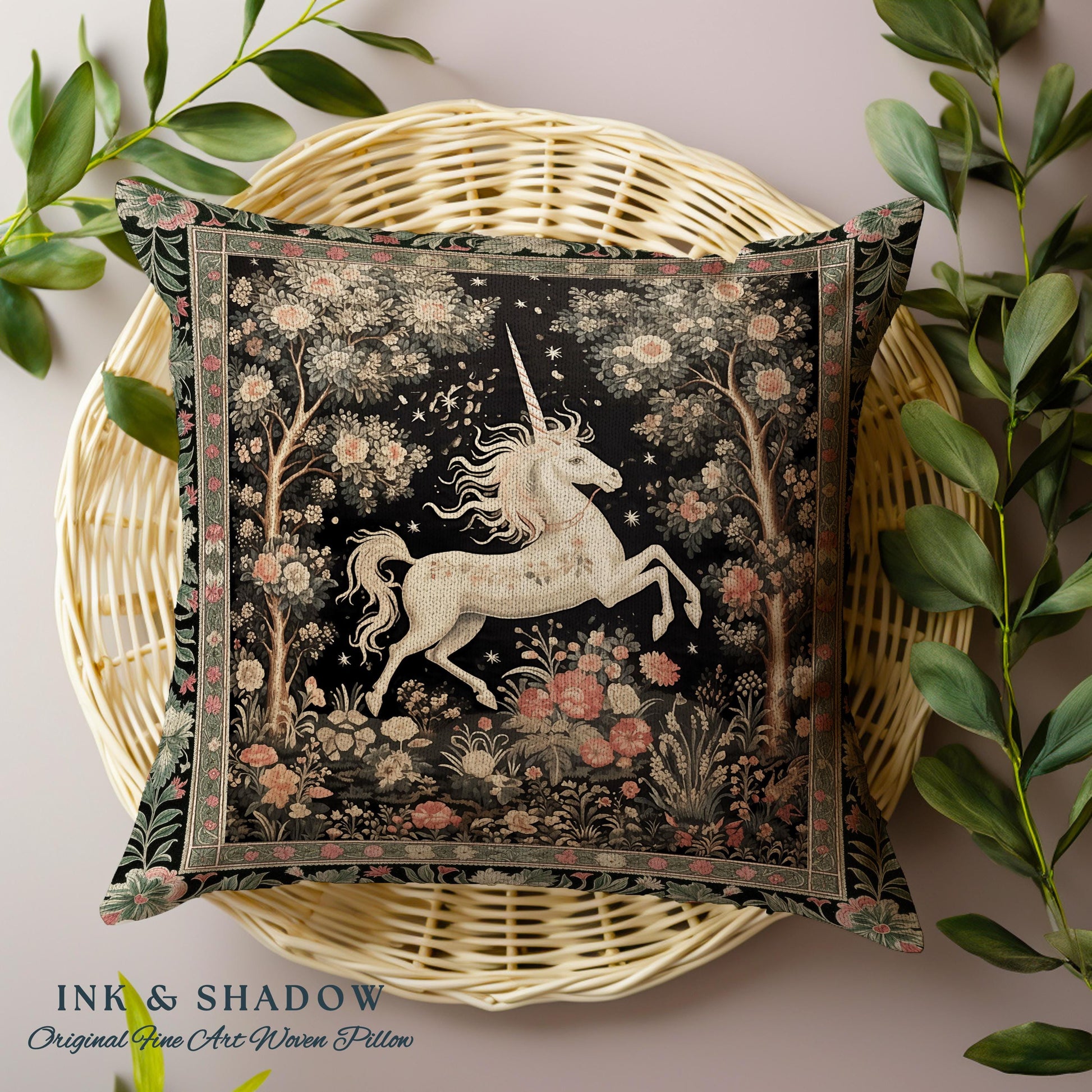 Mystical Folklore Unicorn Pillow Whimsical Soft Cottagecore Floral Decor | Woodland Fairycore Tapestry Cushion Magical Forestcore Art Accent