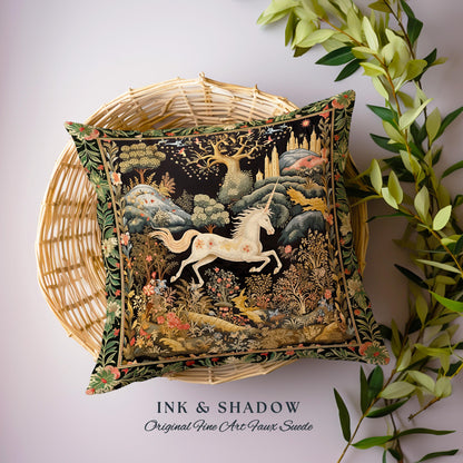 Fairytale Unicorn Pillow Mystical Folklore Aesthetic Whimsical Forestcore | Fairycore Cottagecore Magic Woodland Art Woven Tapestry Cushion