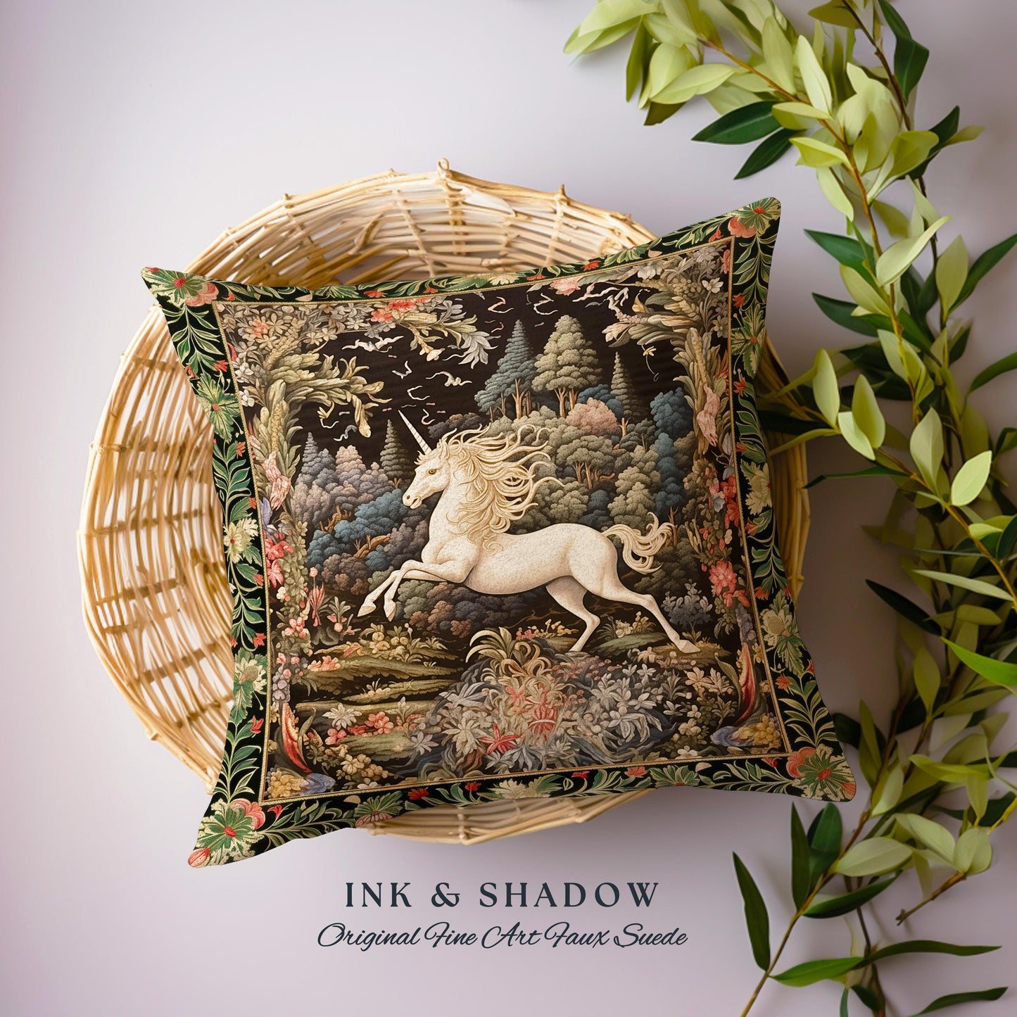 Whimsical Folklore Unicorn Pillow Mystical Botanical Cottagecore Decor | Morris Style Fairycore Art Princesscore Aesthetic Tapestry Cushion