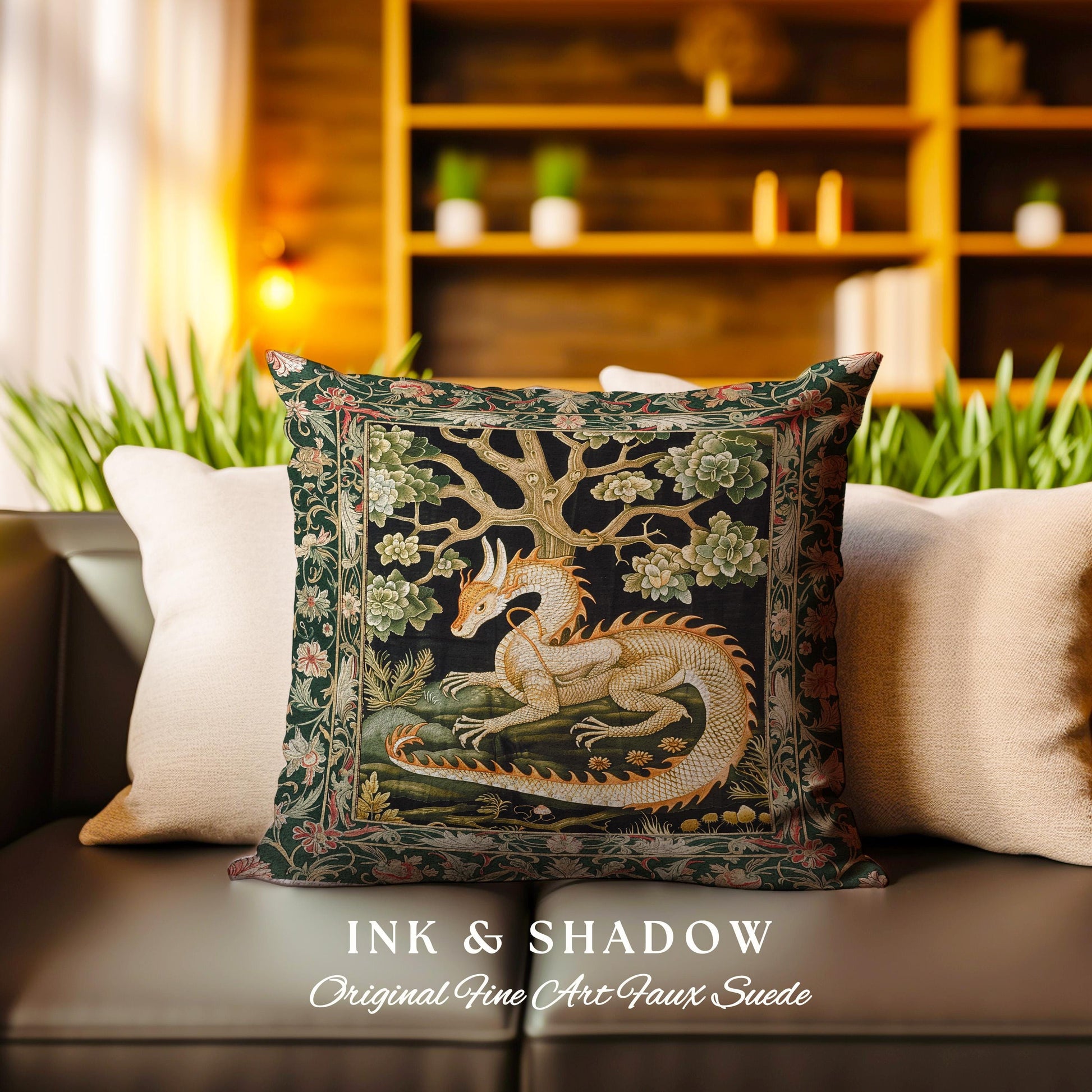 Medieval Dragon Pillow Enchanted Forest Fantasy Art Decor | Victorian Gothic Cottagecore Tapestry Cushion Whimsical Mythical Woodland Accent