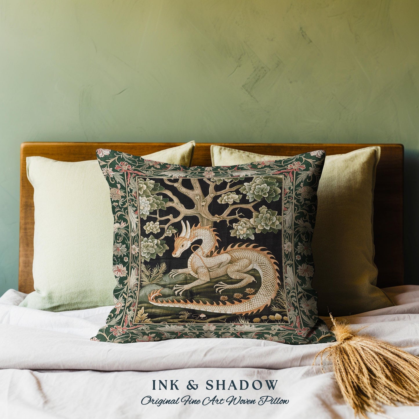 Medieval Dragon Pillow Enchanted Forest Fantasy Art Decor | Victorian Gothic Cottagecore Tapestry Cushion Whimsical Mythical Woodland Accent