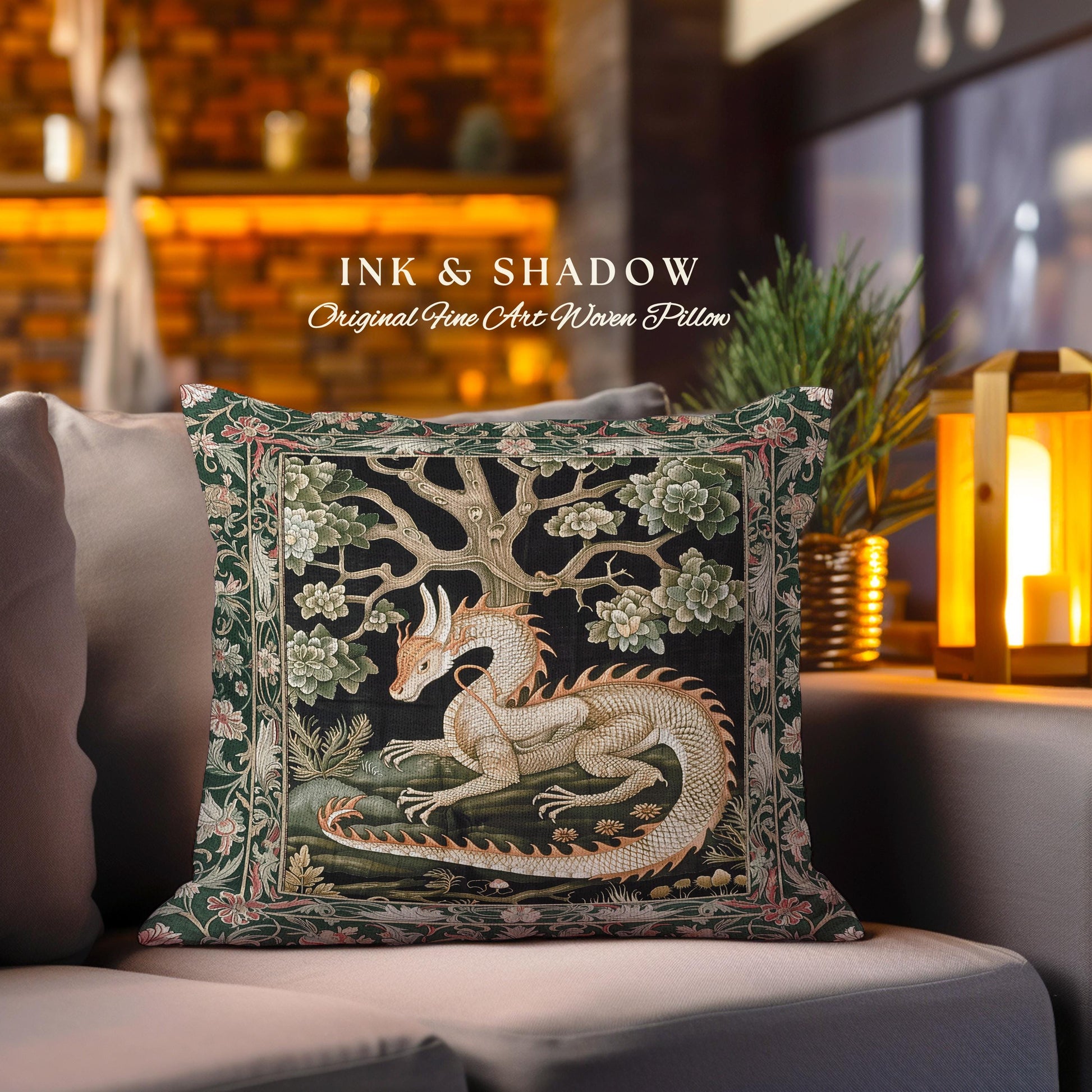 Medieval Dragon Pillow Enchanted Forest Fantasy Art Decor | Victorian Gothic Cottagecore Tapestry Cushion Whimsical Mythical Woodland Accent