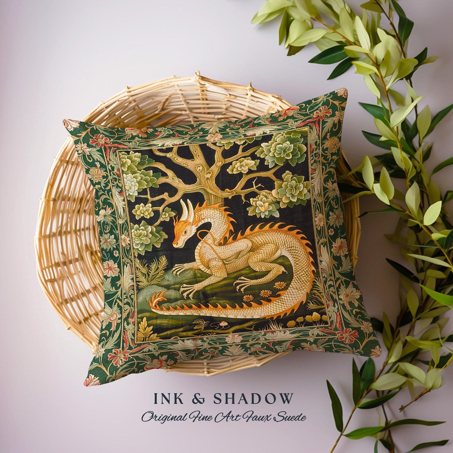 Medieval Dragon Pillow Enchanted Forest Fantasy Art Decor | Victorian Gothic Cottagecore Tapestry Cushion Whimsical Mythical Woodland Accent