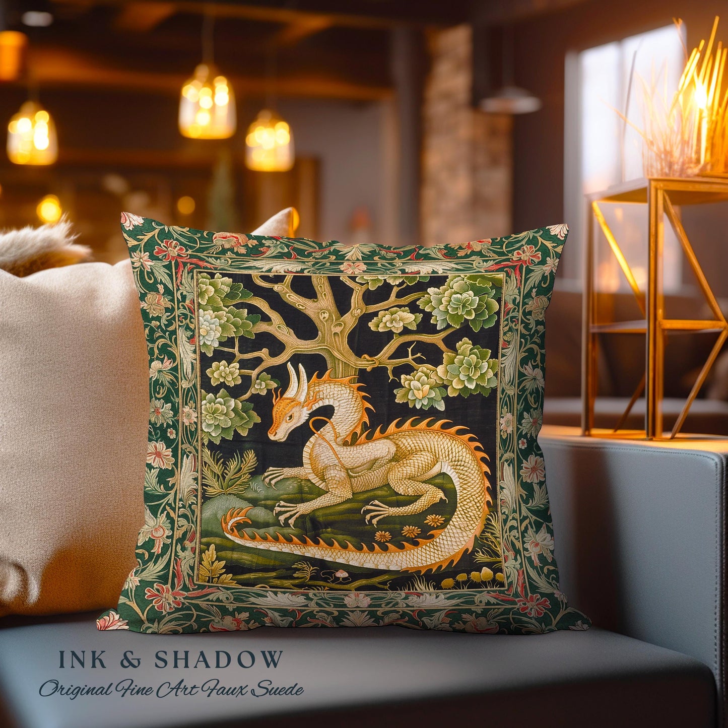 Medieval Dragon Pillow Enchanted Forest Fantasy Art Decor | Victorian Gothic Cottagecore Tapestry Cushion Whimsical Mythical Woodland Accent