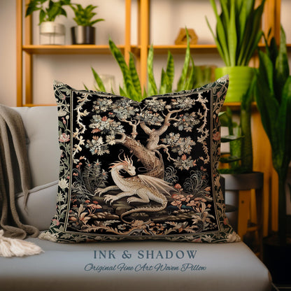 Dragon Tree of Life Woven Pillow Medieval Fairytale Decor | Cottagecore Fairycore Aesthetic Mystical Tapestry Cushion Fantasy Inspired Art