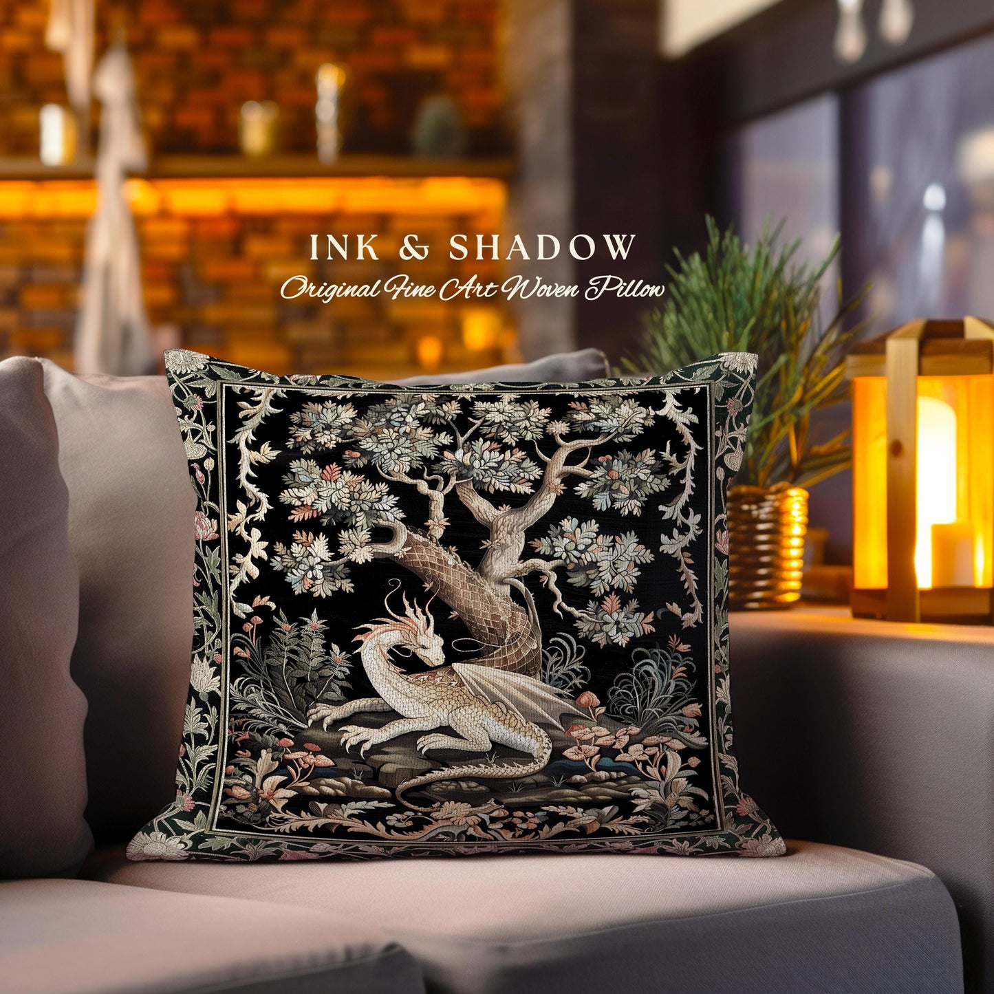 Dragon Tree of Life Woven Pillow Medieval Fairytale Decor | Cottagecore Fairycore Aesthetic Mystical Tapestry Cushion Fantasy Inspired Art