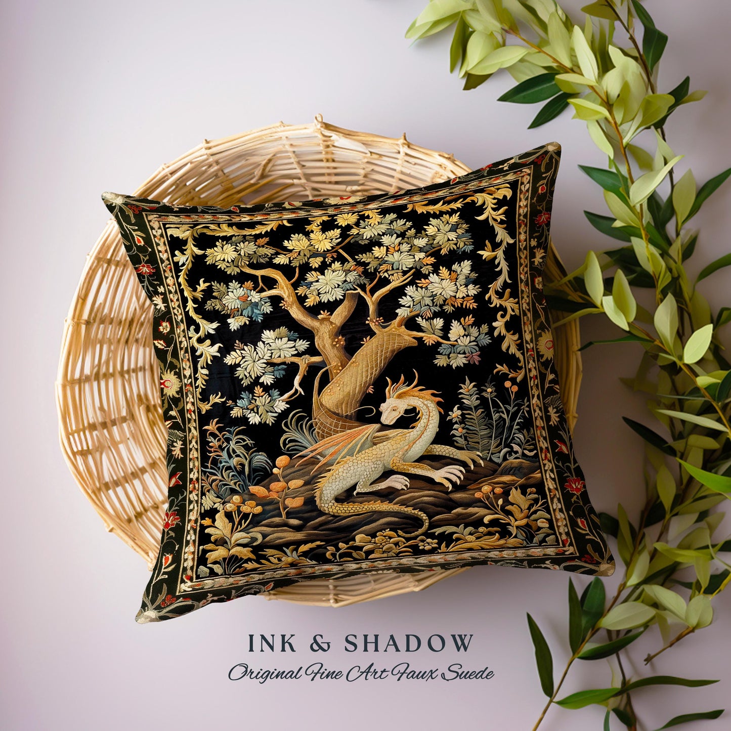 Fantasy Inspired Dragon Pillow Dark Academia Book Nook Decor | Gothic Maximalist Aesthetic Fairytale Magical Forestcore Game Room Cushion