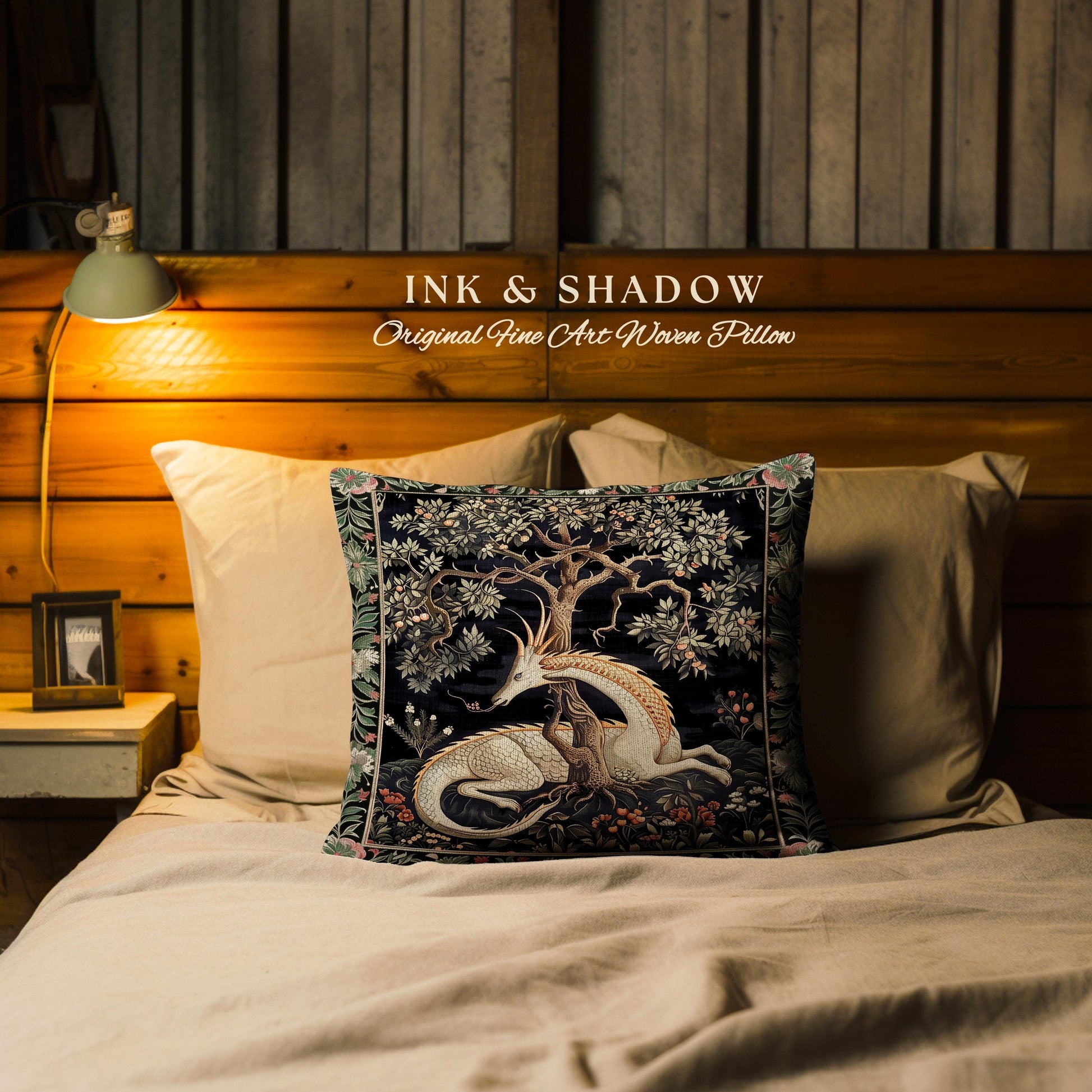 Dark Academia Dragon Pillow Medieval Folklore Decor | Fairytale Inspired Dark Cottagecore Fairycore Cushion Mystical Gothic Game Room Accent