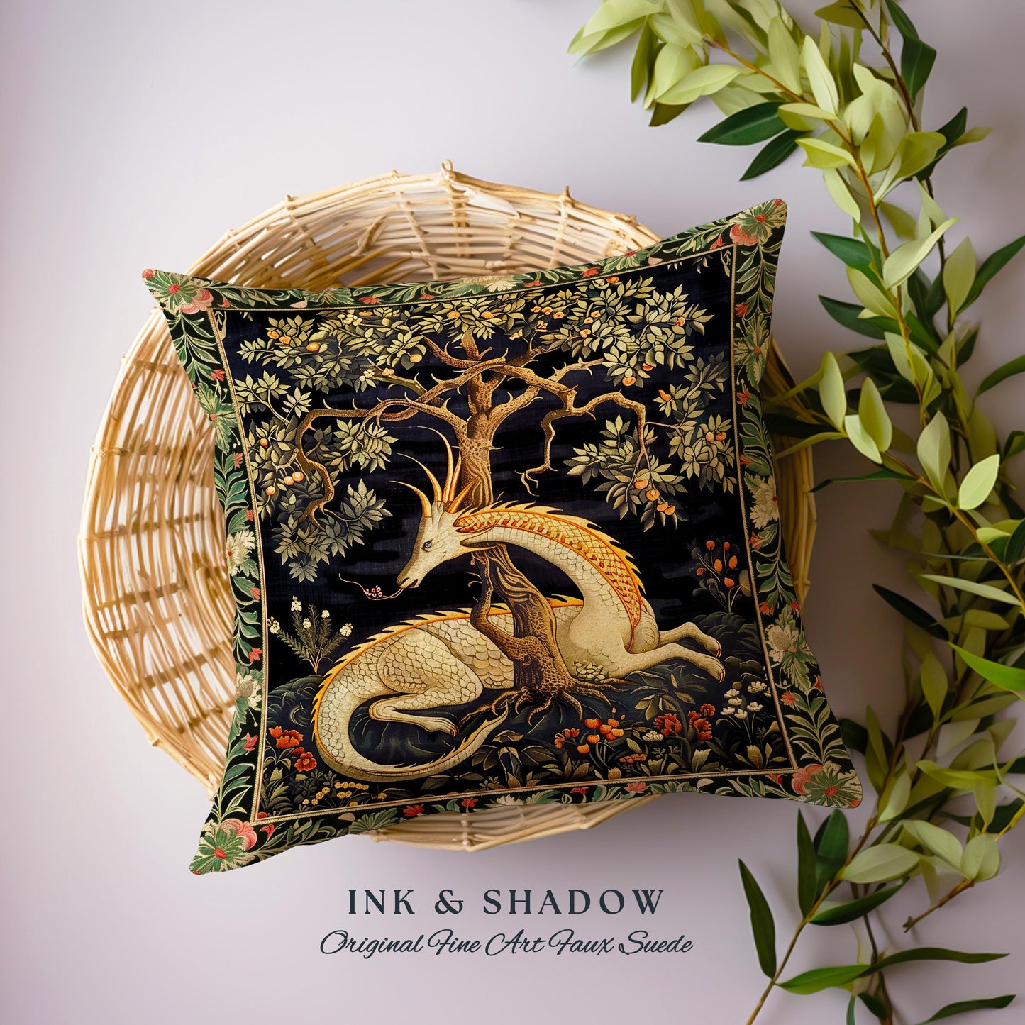 Dark Academia Dragon Pillow Medieval Folklore Decor | Fairytale Inspired Dark Cottagecore Fairycore Cushion Mystical Gothic Game Room Accent