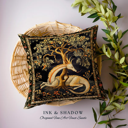 Folklore Dragon Pillow Mystical Medieval Aesthetic Cottagecore Botanical Decor | Fairytale Forest Gothic Woodland Fairycore Tapestry Cushion