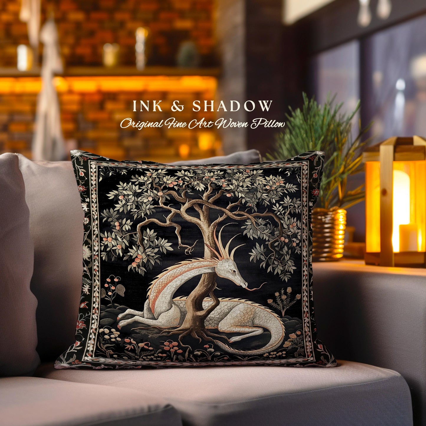 Folklore Dragon Pillow Mystical Medieval Aesthetic Cottagecore Botanical Decor | Fairytale Forest Gothic Woodland Fairycore Tapestry Cushion