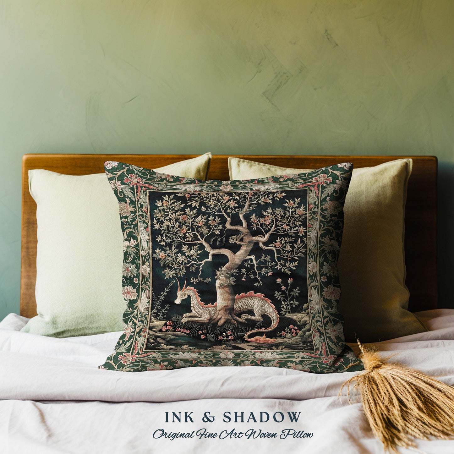 Maximalist Aesthetic Dragon Pillow Fairytale Inspired Decor | Medieval Cottagecore Style Botanical Tapestry Cushion Whimsical Fairycore Art