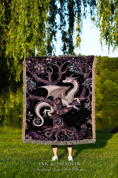 Bohemian Mystic Dragon Tapestry Blanket Whimsical Celestial Night Dark Nature Art | Boho Fantasy Decor Eclectic Purple Mystic Forest Throw