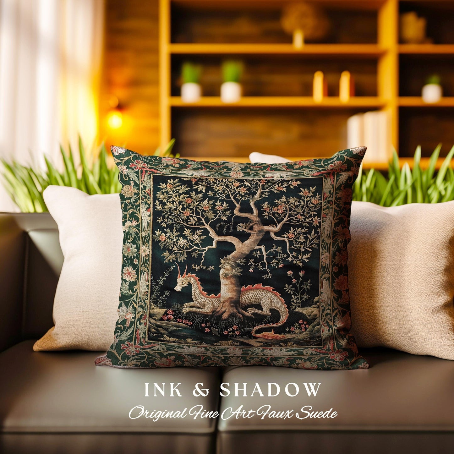 Maximalist Aesthetic Dragon Pillow Fairytale Inspired Decor | Medieval Cottagecore Style Botanical Tapestry Cushion Whimsical Fairycore Art