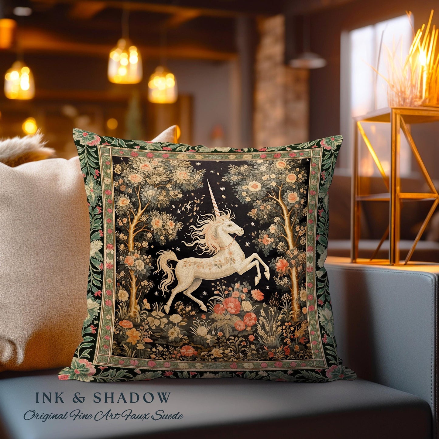 Mystical Folklore Unicorn Pillow Whimsical Soft Cottagecore Floral Decor | Woodland Fairycore Tapestry Cushion Magical Forestcore Art Accent