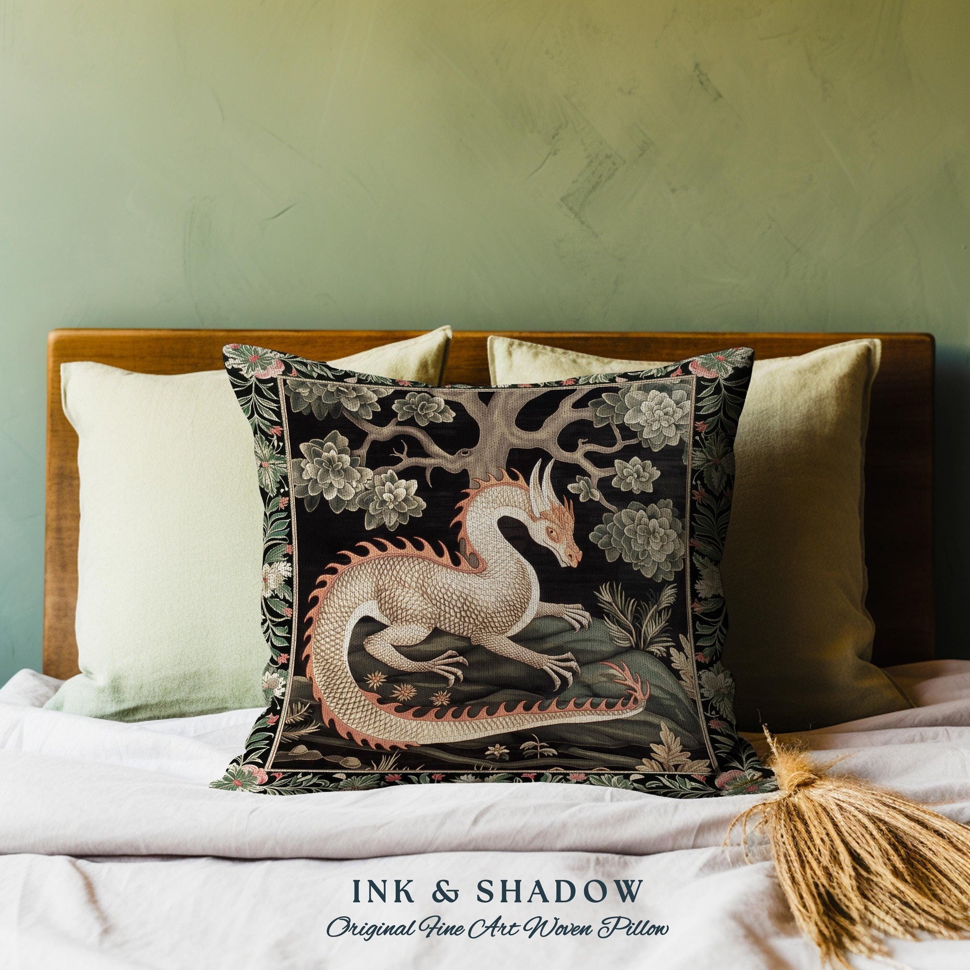 Mystic Medieval Dragon Pillow Whimsigothic Home Decor | Magical Forestcore Vintage Aesthetic Cushion Maximalist Woodland Gothic Art Accent