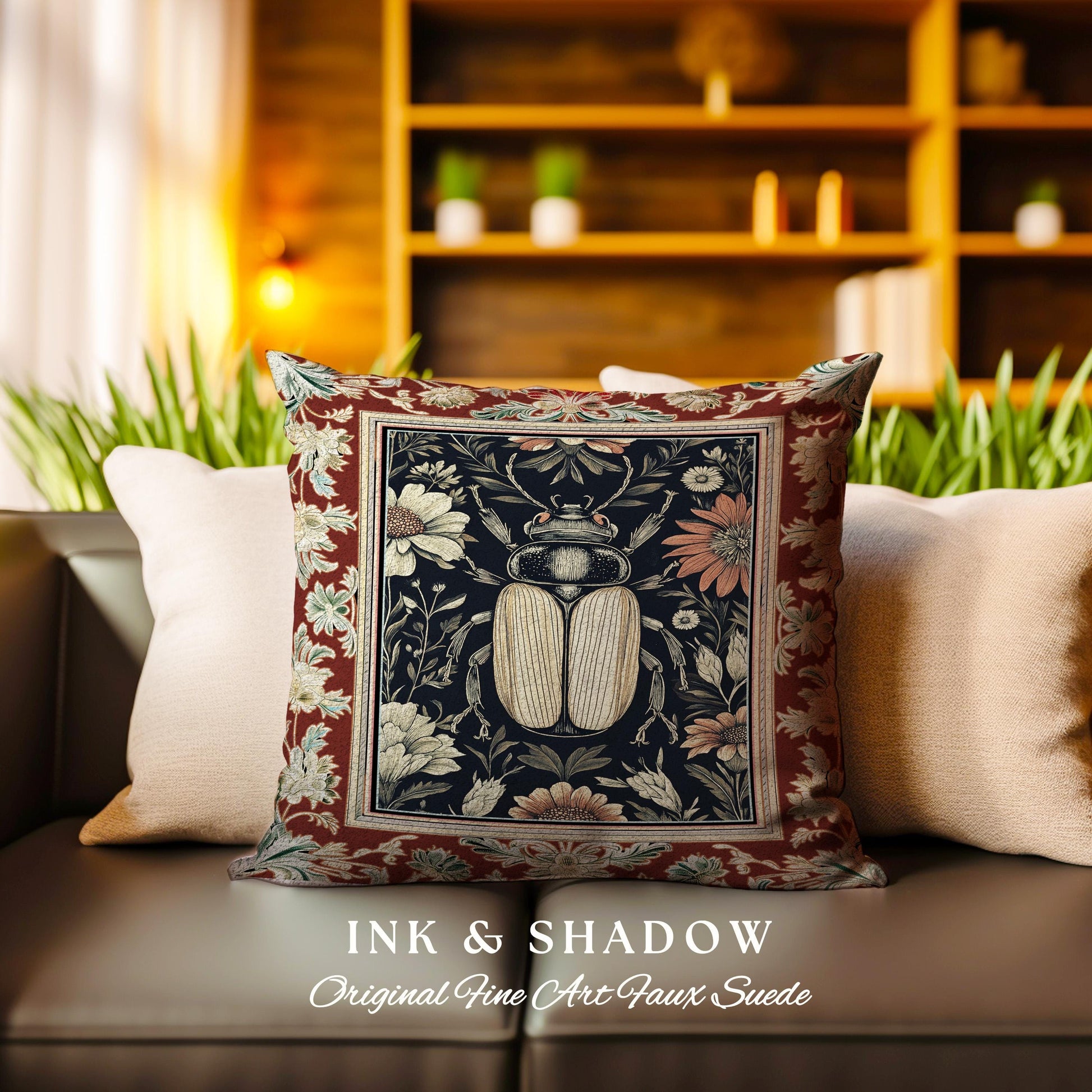 Whimsigoth Beetle Baroque Art Pillow Victorian Gothic Home Decor | Dark Cottagecore Botanical Bug Whimsical Oddities Curiosity Ornate Decor