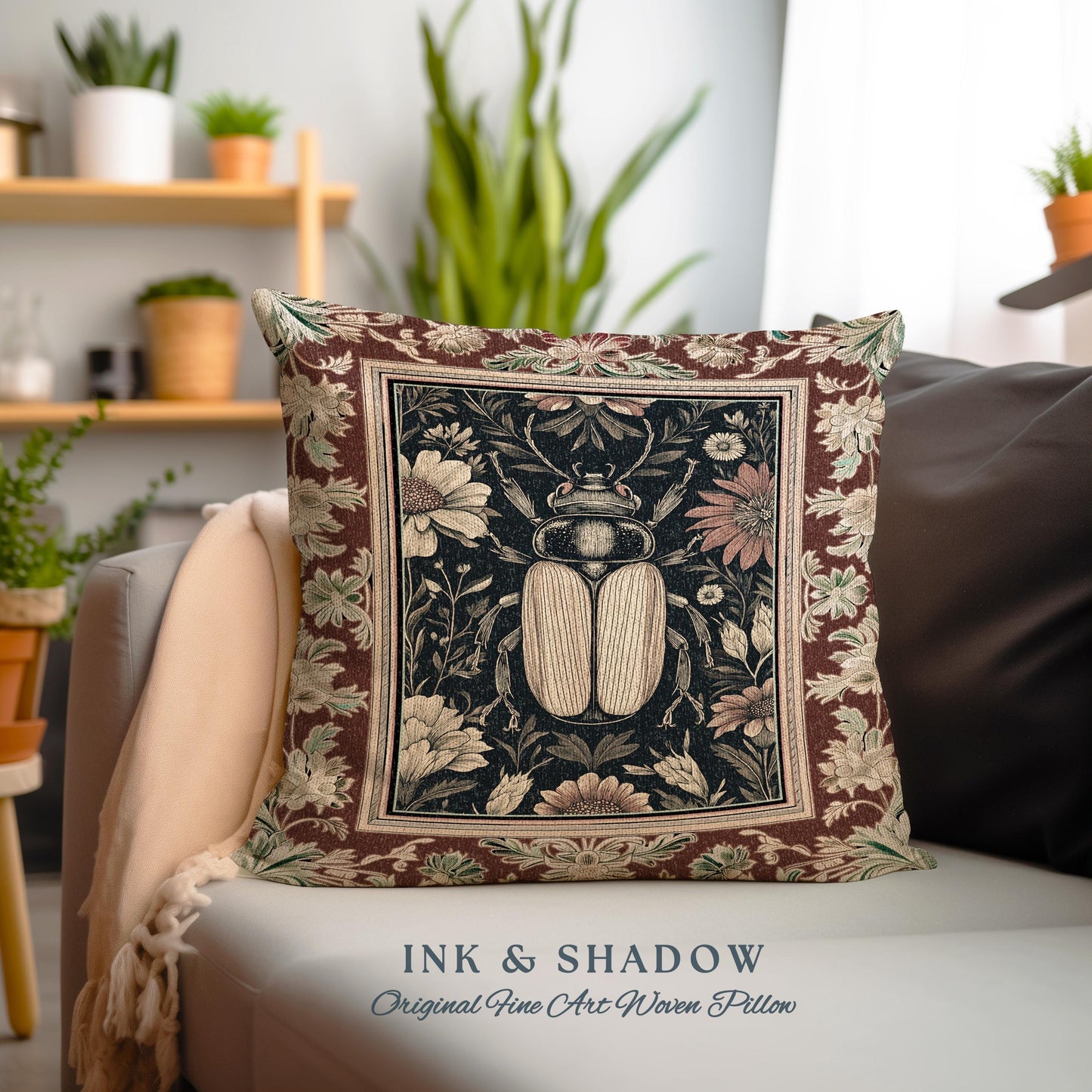 Whimsigoth Beetle Baroque Art Pillow Victorian Gothic Home Decor | Dark Cottagecore Botanical Bug Whimsical Oddities Curiosity Ornate Decor