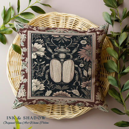Whimsigoth Beetle Baroque Art Pillow Victorian Gothic Home Decor | Dark Cottagecore Botanical Bug Whimsical Oddities Curiosity Ornate Decor