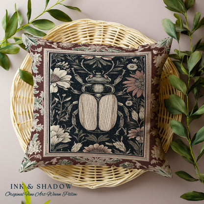 Whimsigoth Beetle Baroque Art Pillow Victorian Gothic Home Decor | Dark Cottagecore Botanical Bug Whimsical Oddities Curiosity Ornate Decor