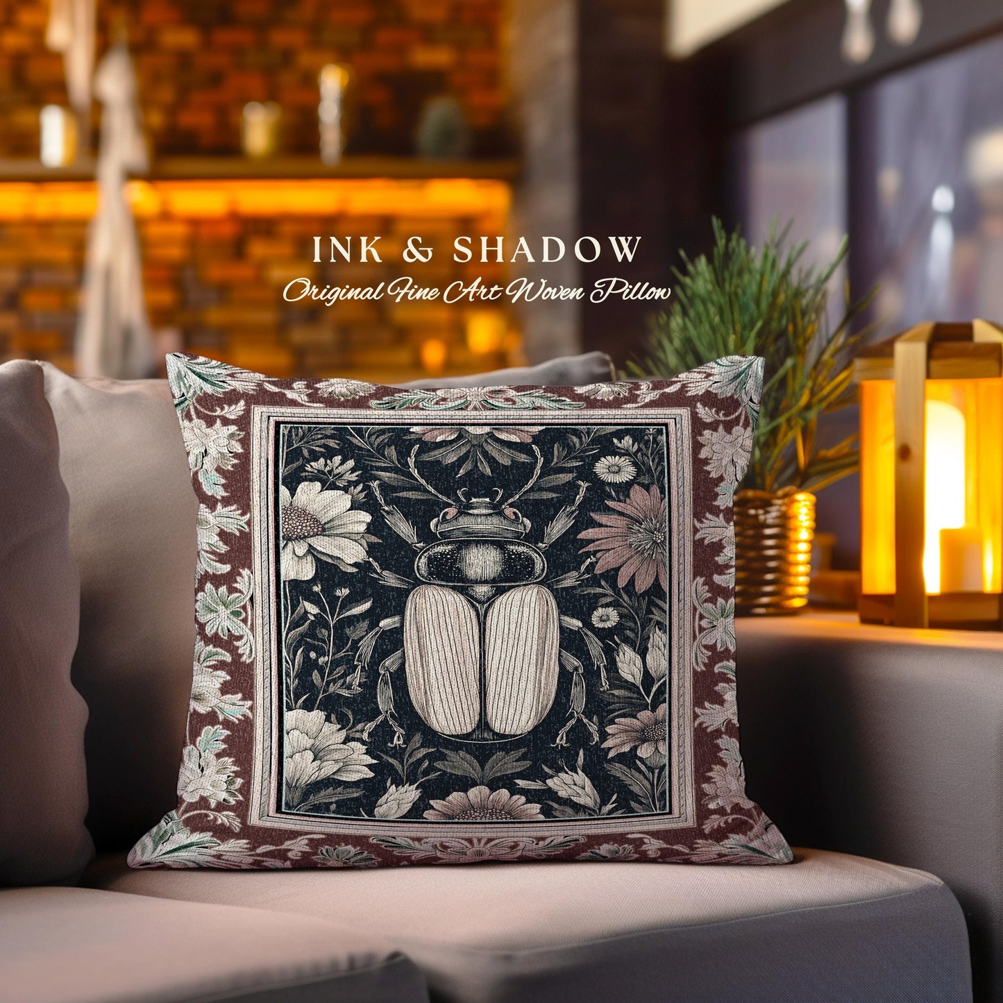 Whimsigoth Beetle Baroque Art Pillow Victorian Gothic Home Decor | Dark Cottagecore Botanical Bug Whimsical Oddities Curiosity Ornate Decor