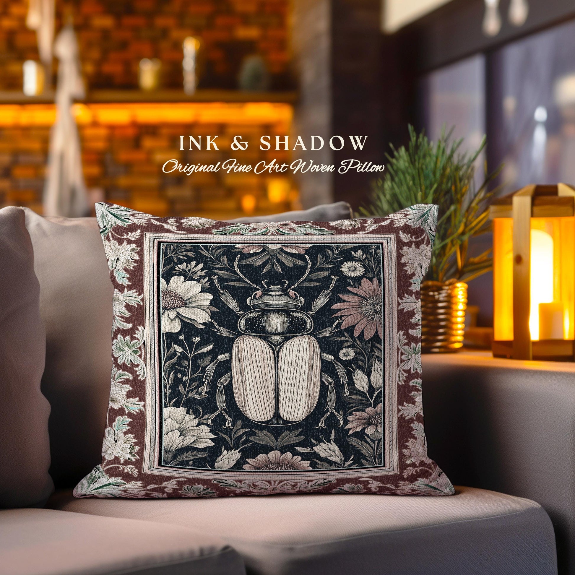 Whimsigoth Beetle Baroque Art Pillow Victorian Gothic Home Decor | Dark Cottagecore Botanical Bug Whimsical Oddities Curiosity Ornate Decor