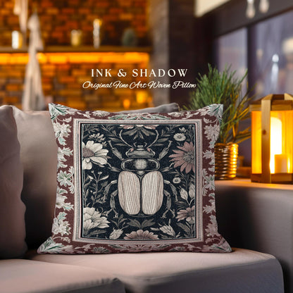 Whimsigoth Beetle Baroque Art Pillow Victorian Gothic Home Decor | Dark Cottagecore Botanical Bug Whimsical Oddities Curiosity Ornate Decor