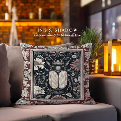 Whimsigoth Beetle Baroque Art Pillow Victorian Gothic Home Decor | Dark Cottagecore Botanical Bug Whimsical Oddities Curiosity Ornate Decor