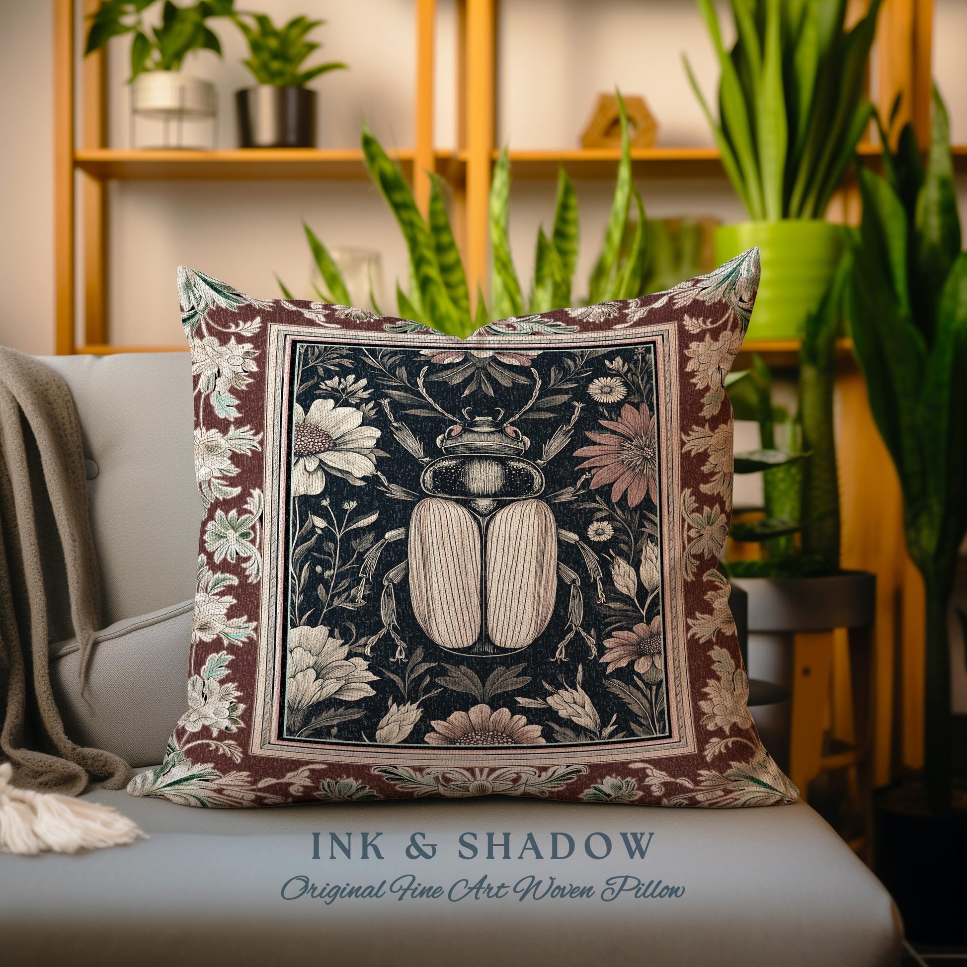 Whimsigoth Beetle Baroque Art Pillow Victorian Gothic Home Decor | Dark Cottagecore Botanical Bug Whimsical Oddities Curiosity Ornate Decor