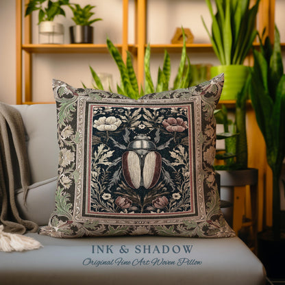 Dark Botanical Woodland Gothic Pillow Vintage Aesthetic Victorian Beetle Floral Whimsigoth Decor | Witchy Dark Academia Forestcore Bug Art