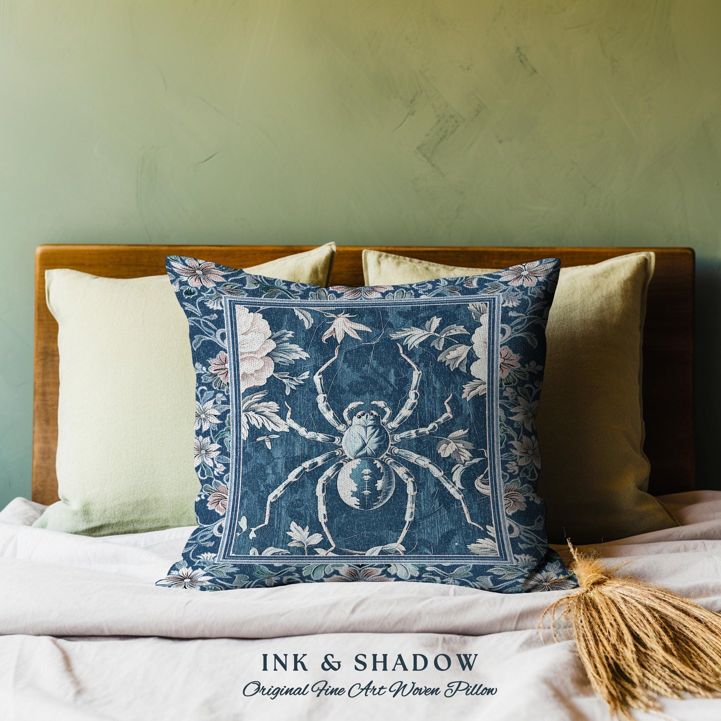 French Baroque Antique Blue Botanical Spider Pillow Gothic Cottagecore Tapestry Cushion | Whimsical Vintage Nature Enchanted Floral Accent