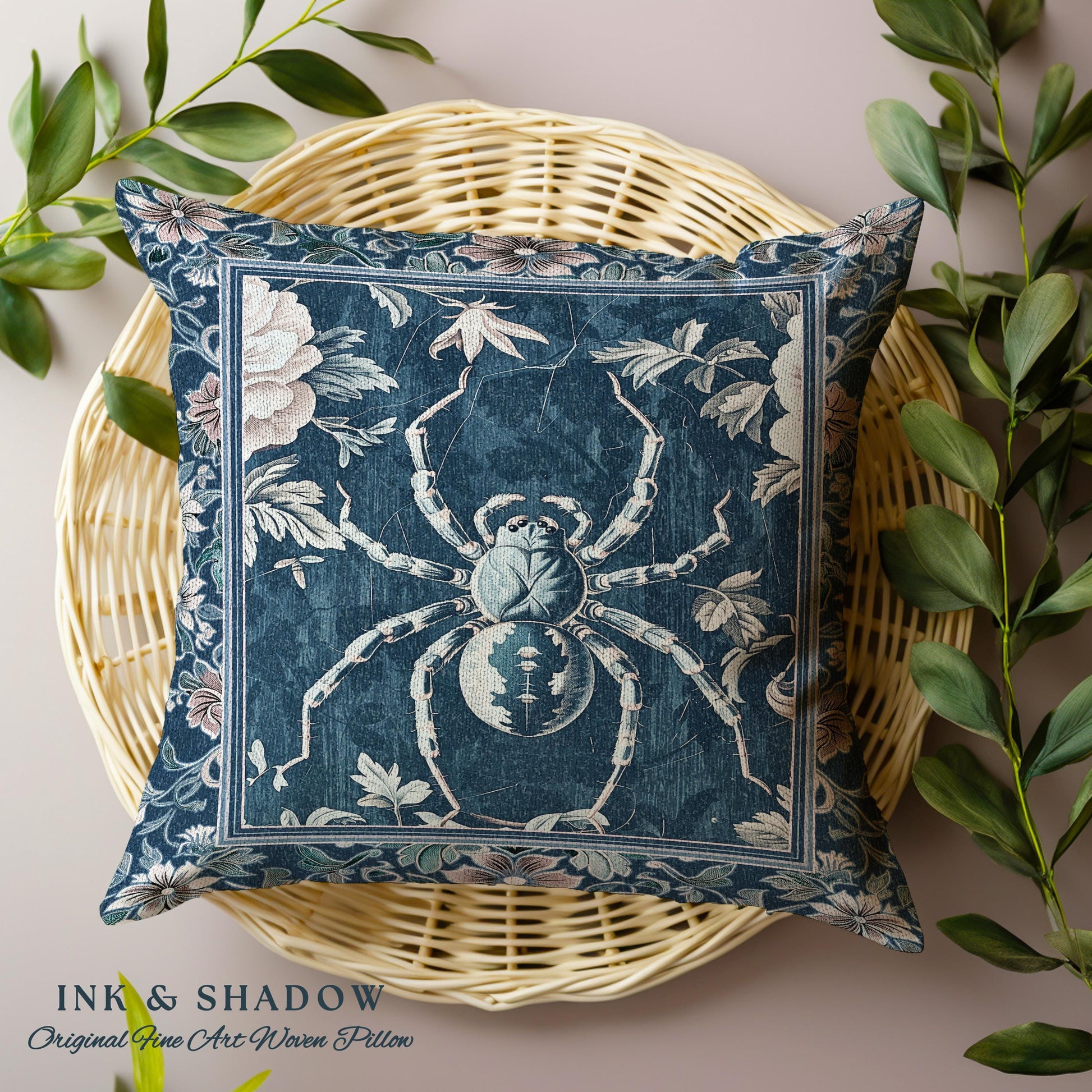 French Baroque Antique Blue Botanical Spider Pillow Gothic Cottagecore Tapestry Cushion | Whimsical Vintage Nature Enchanted Floral Accent